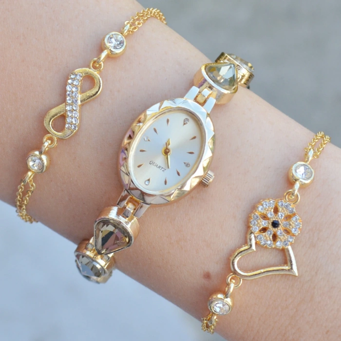 Gold Taşlı Metal Kordon Kadın Saat Kombini 3615