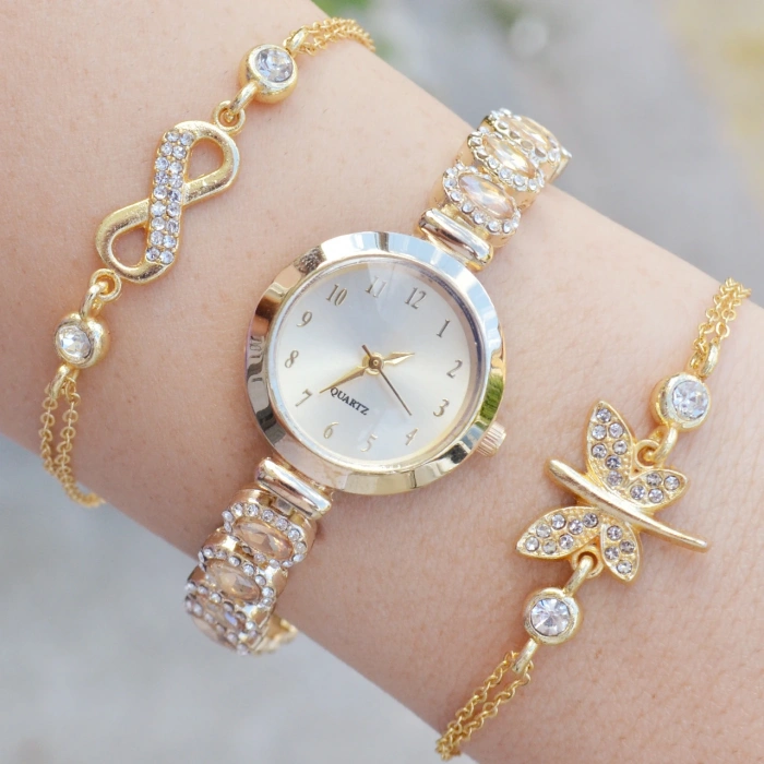 Gold Taşlı Metal Kordon Kadın Saat Kombini 3618