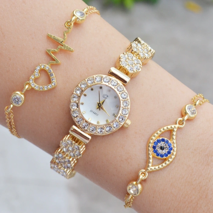 Gold Taşlı Metal Kordon Kadın Saat Kombini 3621