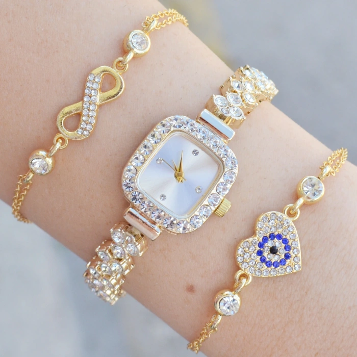 Gold Taşlı Metal Kordon Kadın Saat Kombini 3644