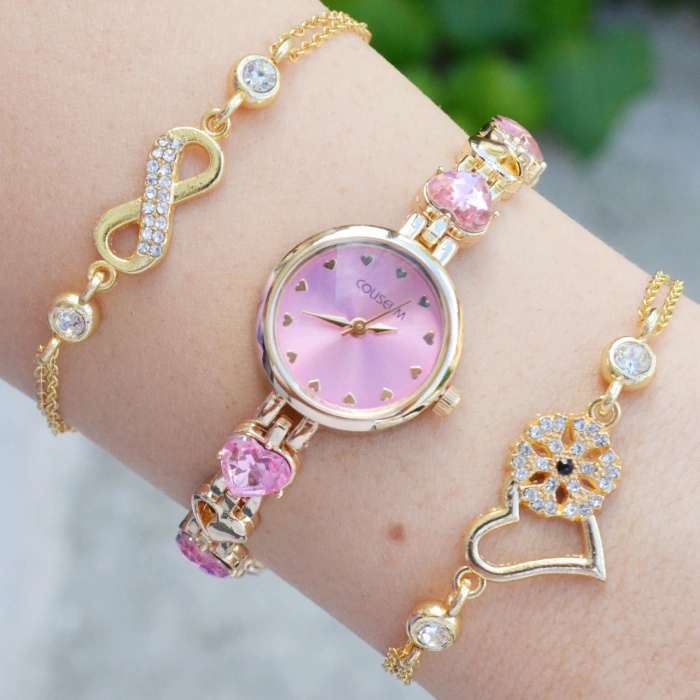 Gold Taşlı Metal Kordon Kadın Saat Kombini 3597