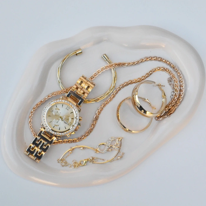 Gold Metal Kordon Küpe Kolye Bileklik Seti 3667