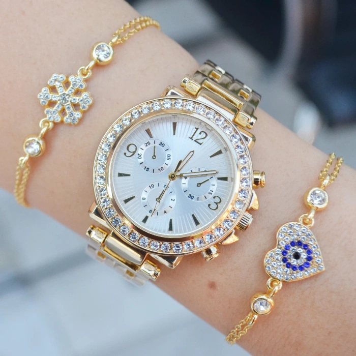 Gold Metal Kordonlu Taşlı Paşa Model Kadın Saat Kombini 8597