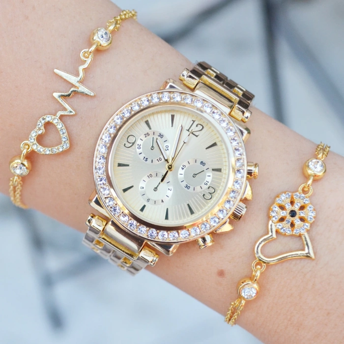 Gold Renk Metal Kordonlu Taşlı Paşa Model Lüx Bileklikli Kadın Saat Kombini 8598