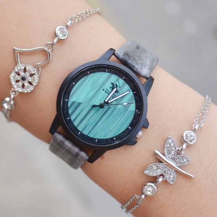 Gri Deri Kordon Kadın Saat Kombini 2115