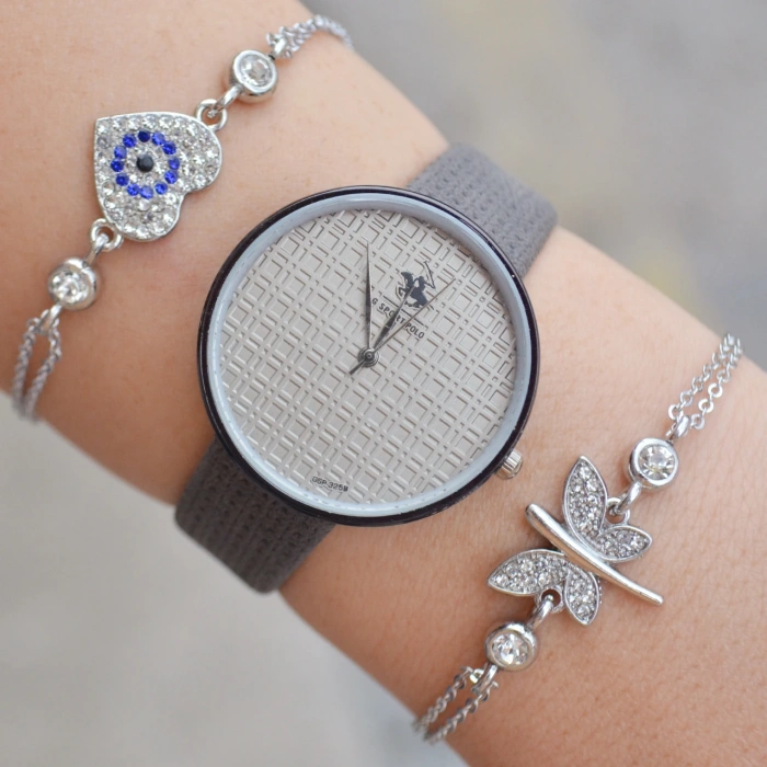 Gri Deri Kordon Kadın Saat Kombini 2118