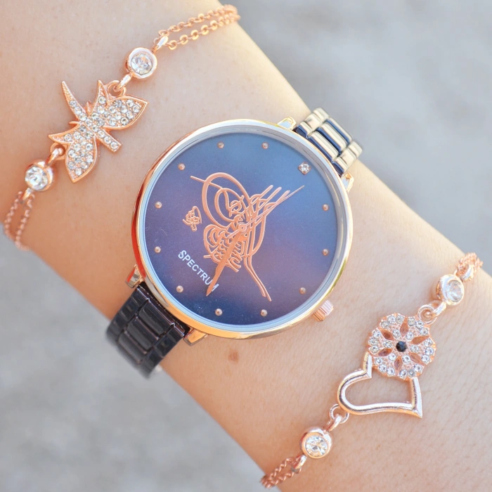 Lacivert Metal Kordon Kadın Saat Kombini 8075