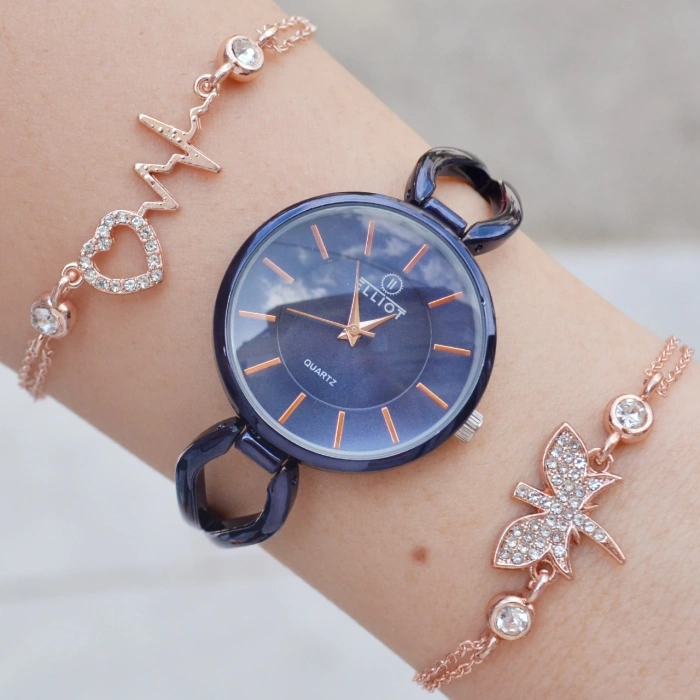 Lacivert Metal Kordon Kadın Saat Kombini 2181