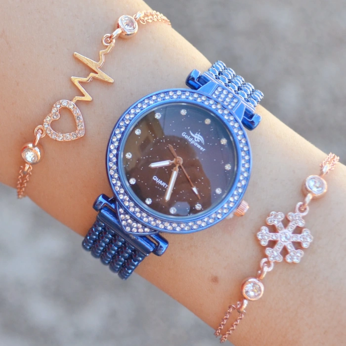 Mavi Boncuklu Metal Kordon Kadın Saat Kombini 1073