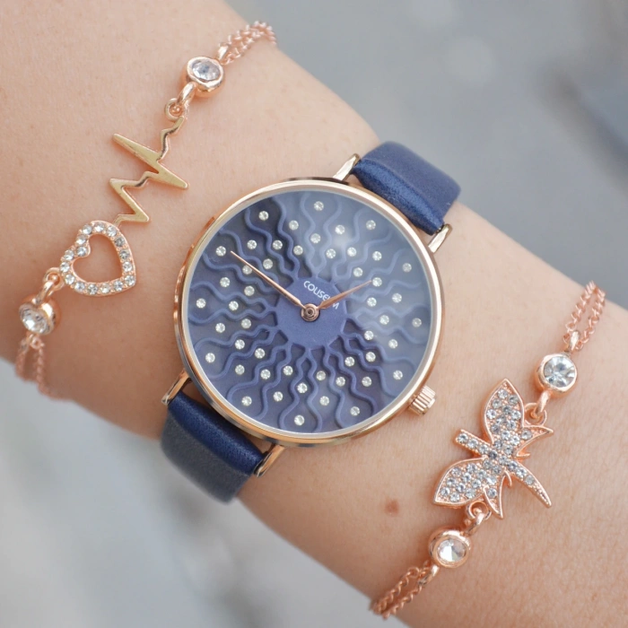 Mavi Deri Kordon Kadın Saat Kombini 2838