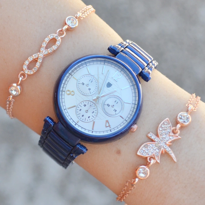 Mavi Metal Kordon Kadın Saat Kombini 1514