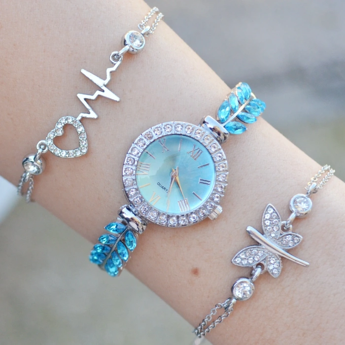 Mavi Zirkon Taşlı Metal Kordon Kadın Saat Kombini 3209