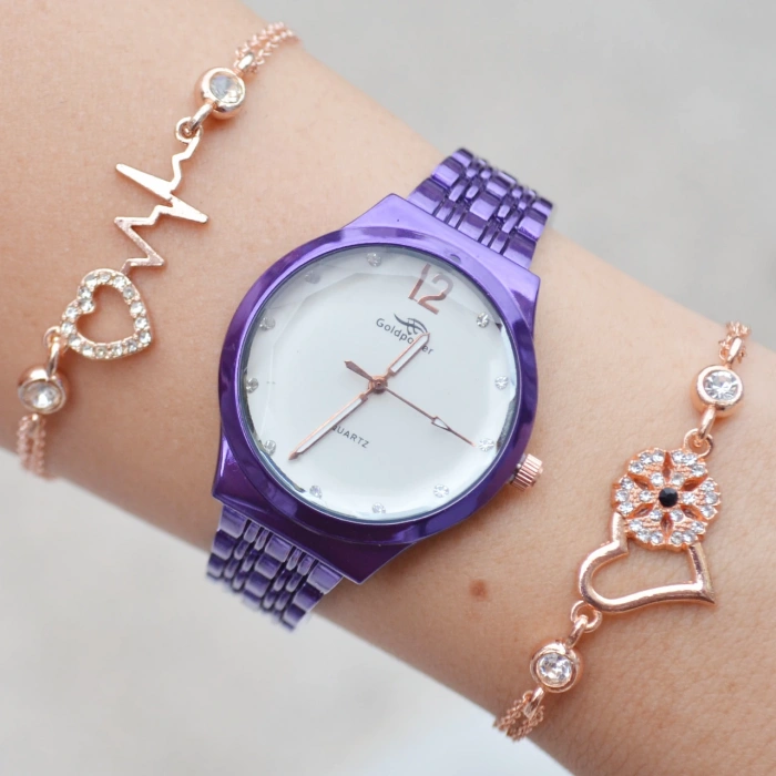 Mor Metal Kordon Kadın Saat Kombini 1091