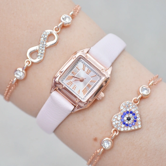 Pembe Deri Kordon Kadın Saat Kombini 3652