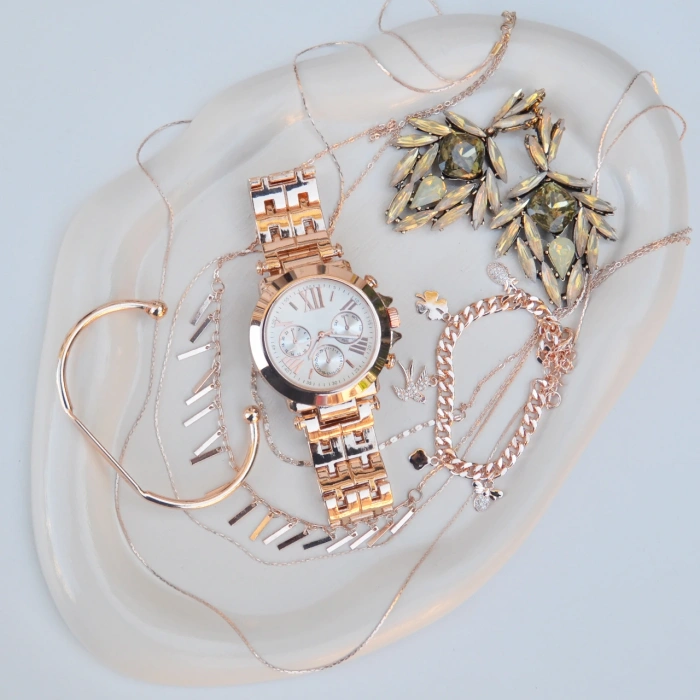 Rose Metal Kordon Küpe Kolye Bileklik Seti 3672