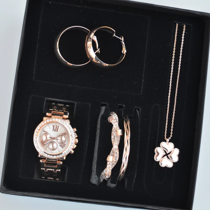 Rose Metal Kordon Küpe Kolye Bileklik Seti 3673