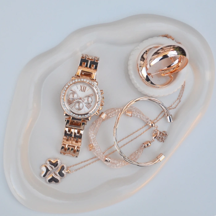 Rose Metal Kordon Küpe Kolye Bileklik Seti 3673