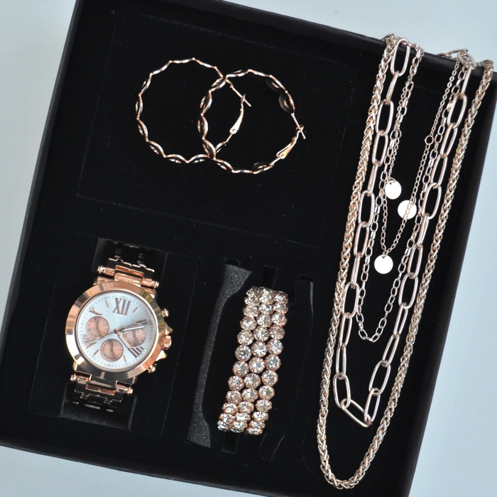 Rose Metal Kordon Küpe Kolye Bileklik Seti 3668