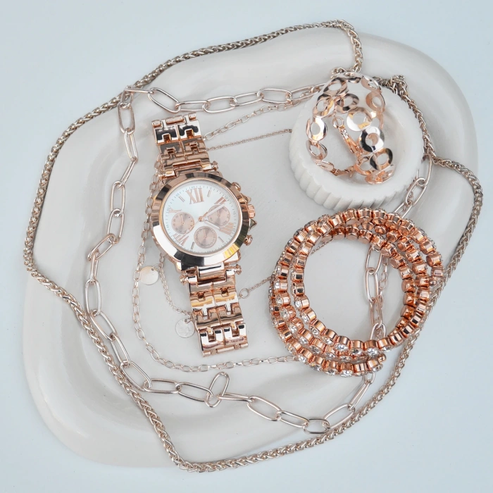 Rose Metal Kordon Küpe Kolye Bileklik Seti 3668