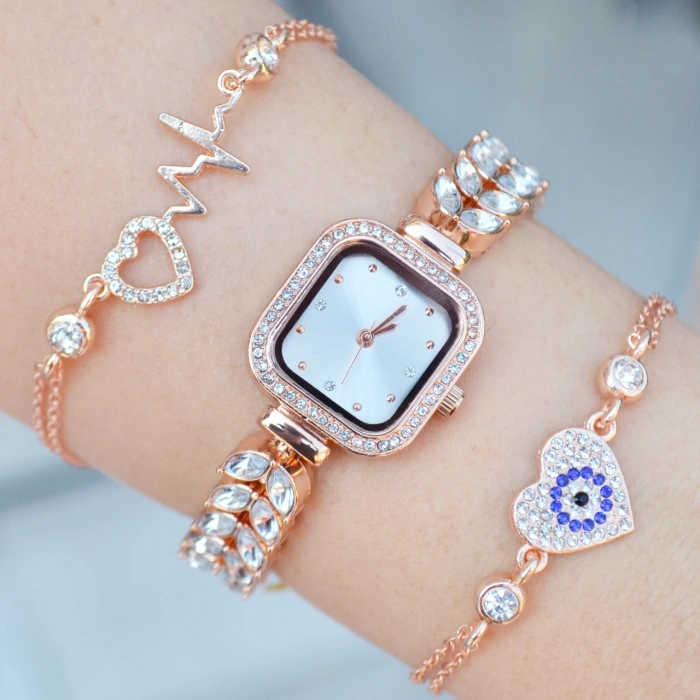 Rose Taşlı Metal Kordon Kadın Saat Kombini 3451