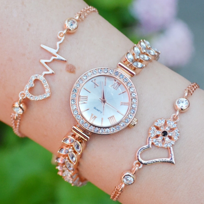 Rose Taşlı Metal Kordon Kadın Saat Kombini 3452