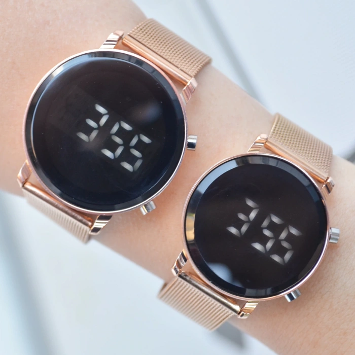 Rosegold Hasır Kordon Dijital Çift Saat Kombini 3564