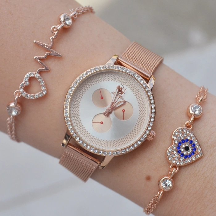Rosegold Hasır Kordon Kadın Saat Kombini 2142