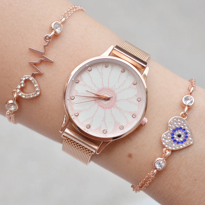 Rosegold Hasır Mıknatıslı Kordon Kadın Saat Kombini 9744