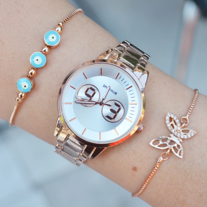 Rosegold Metal Kordon Kadın Saat Kombini 3557
