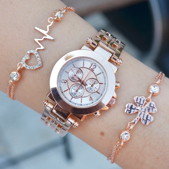 Rosegold Metal Kordon Kadın Saat Kombini 3558