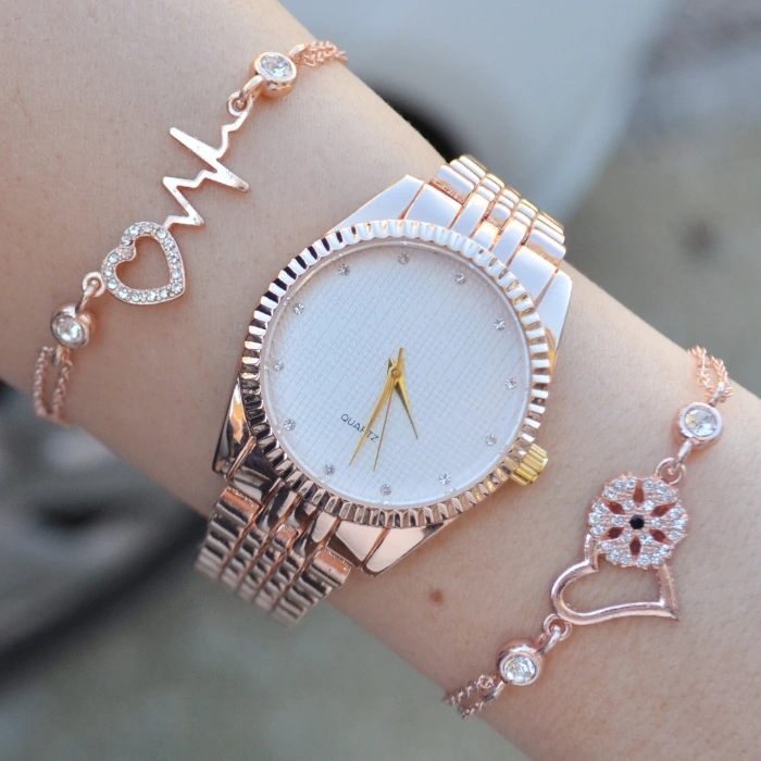 Rosegold Metal Kordon Kadın Saat Kombini 3663