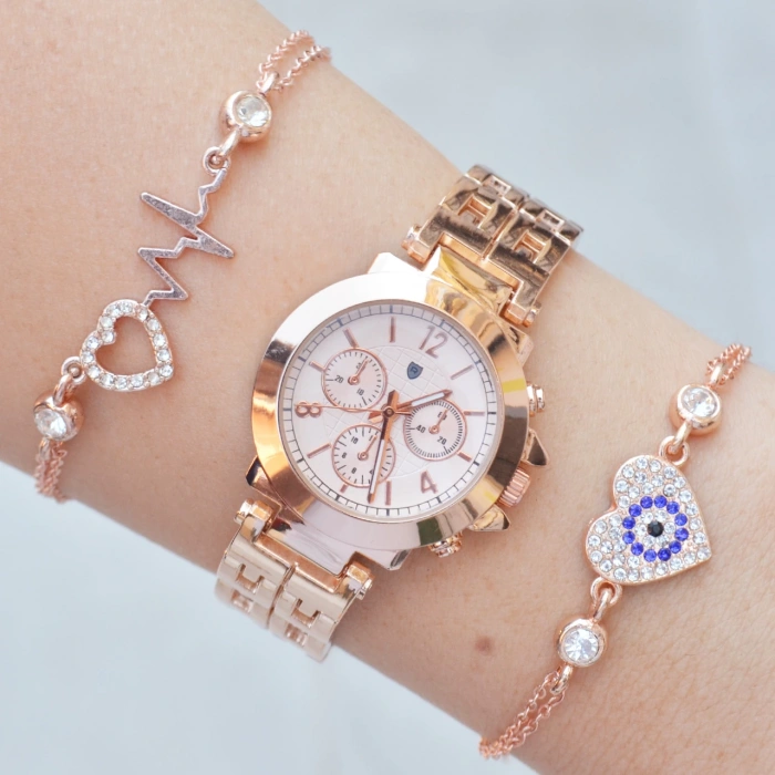 Rosegold Metal Kordon Kadın Saat Kombini 7055
