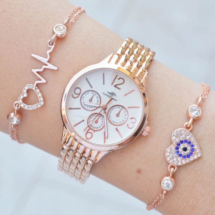 Rosegold Metal Kordon Kadın Saat Kombini 8293