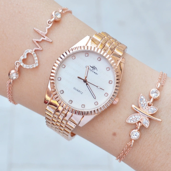 Rosegold Metal Kordon Kadın Saat Kombini 9223