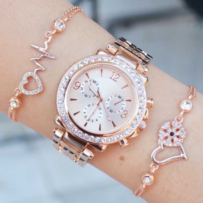 Rosegold Metal Kordon Taşlı Paşa Model Lüx Bileklikli Kadın Saat Kombini 8600