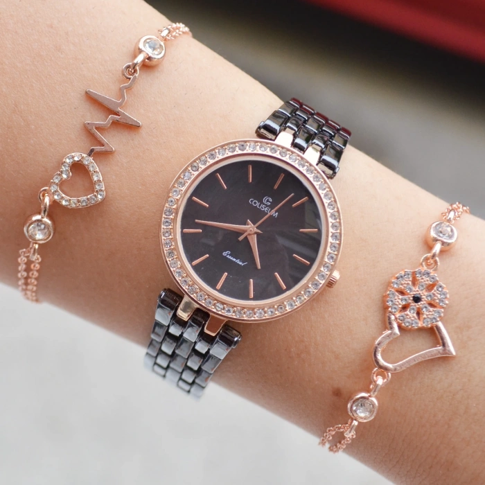 Rose Kasa Siyah Metal Kordon Kadın Saat Kombini 1413