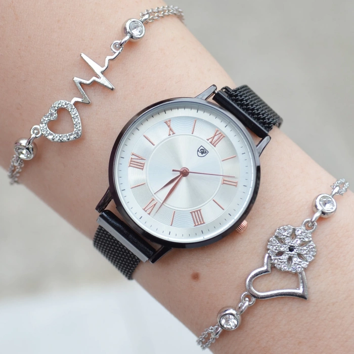 Siyah Hasır Mıknatıslı Kordon Kadın Saat Kombini 1140