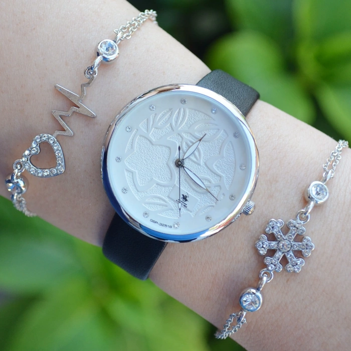 Siyah Deri Kordon Kadın Saat Kombini 2495