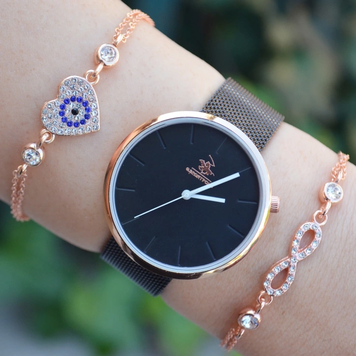 Siyah Hasır Kordon Kadın Saat Kombini 2409