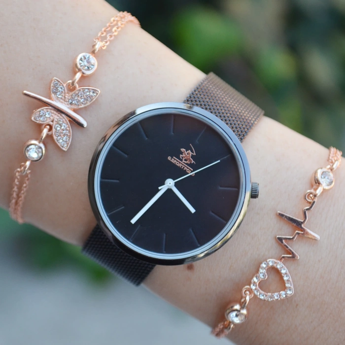 Siyah Hasır Kordon Kadın Saat Kombini 2410