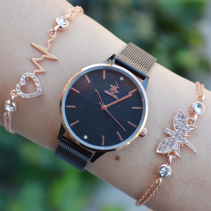 Siyah Hasır Kordon Kadın Saat Kombini 2412