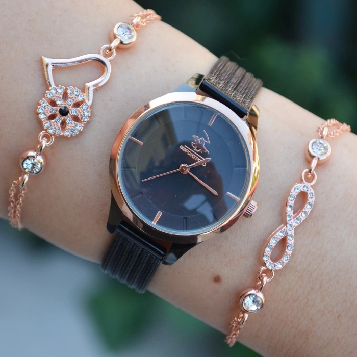 Siyah Hasır Kordon Kadın Saat Kombini 2413