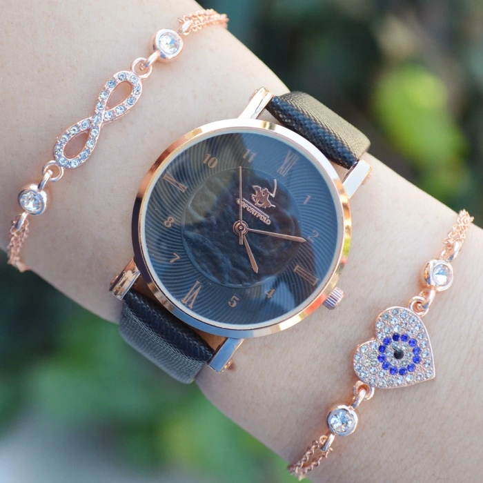 Siyah Deri Kordon Kadın Saat Kombini 2427