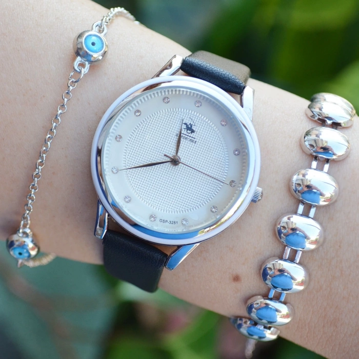 Siyah Deri Kordon Kadın Saat Kombini 2429