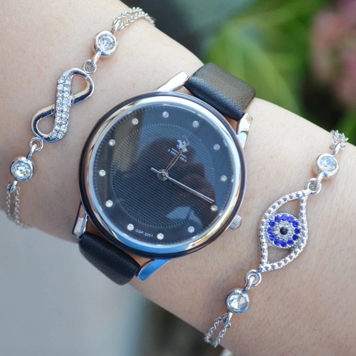 Siyah Deri Kordon Kadın Saat Kombini 2430