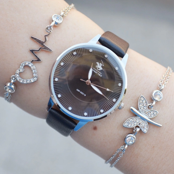 Siyah Deri Kordon Kadın Saat Kombini 2431