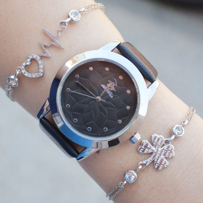 Siyah Deri Kordon Kadın Saat Kombini 2433