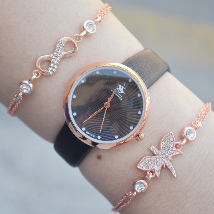 Siyah Deri Kordon Kadın Saat Kombini 2435