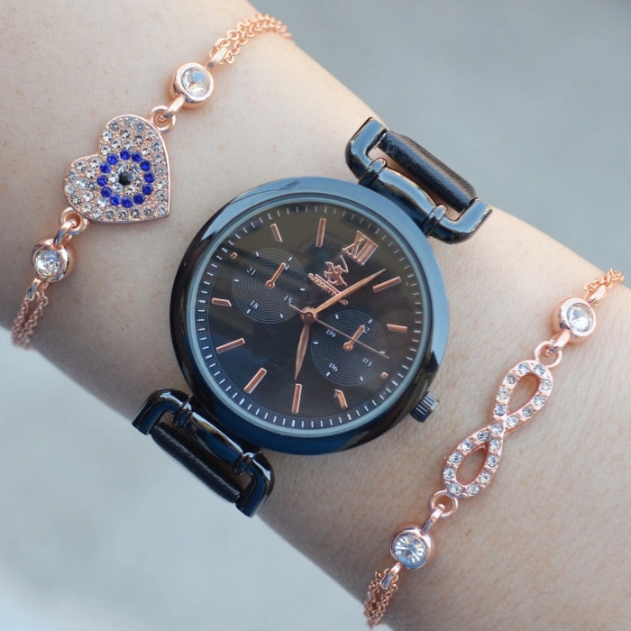 Siyah Deri Kordon Kadın Saat Kombini 2437