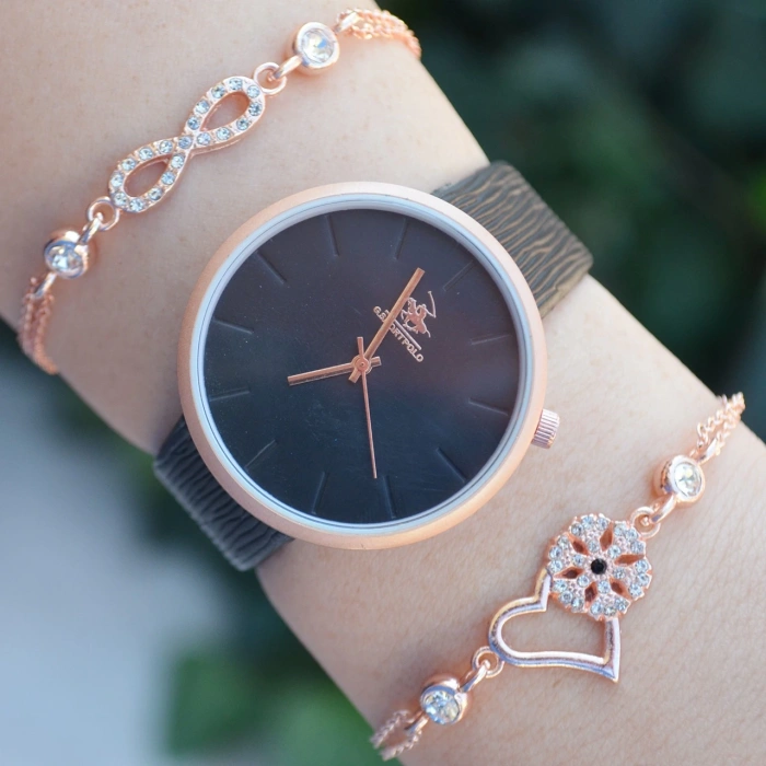 Siyah Deri Kordon Kadın Saat Kombini 2444